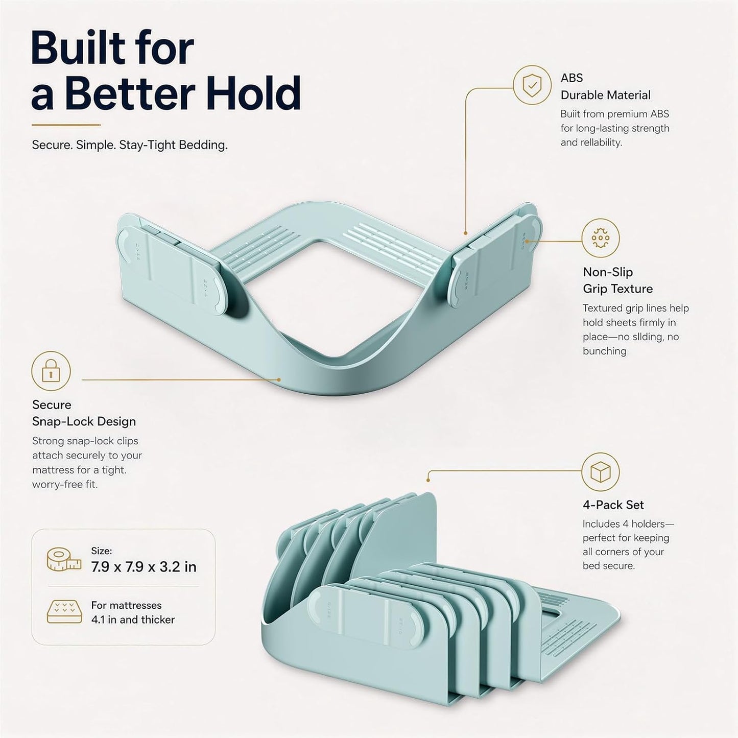 B-Land Bed Sheet Holders for Corners:4 Pack Non-Stretch External Clips- Fitted Sheet Grippers for Deep Pockets- No-Lift for Dorm & RV Beds, Keep Sheets Tight on Memory Foam & Twin-King (White+Grey)