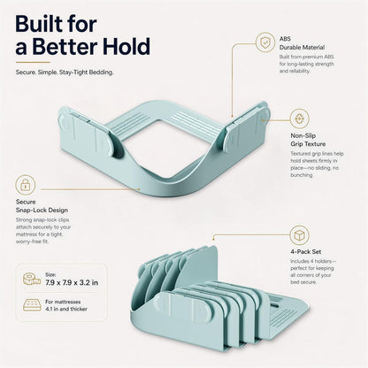 B-Land Bed Sheet Holders for Corners:4 Pack Non-Stretch External Clips- Fitted Sheet Grippers for Deep Pockets- No-Lift for Dorm & RV Beds, Keep Sheets Tight on Memory Foam & Twin-King (White+Grey)