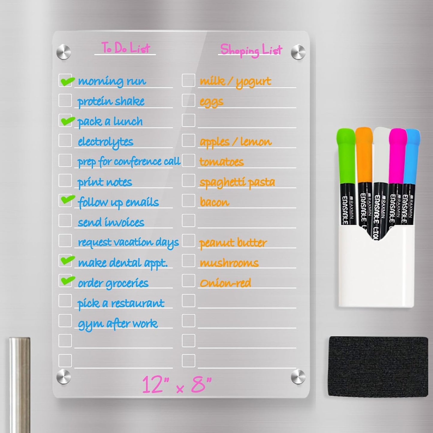 Acrylic Dry Erase Board to Do List Board for Fridge 12"X8" Clear Note Board Magnet Whiteboardwith 5 Markers Note Board Magnet Whiteboard