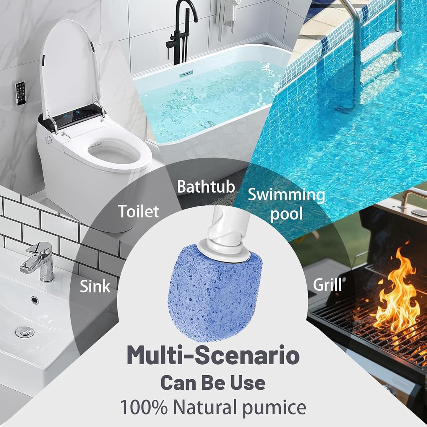 [5-Pack] Natural Blue Pumice Toilet Bowl Cleaner with Upgraded 30cm Handle, Snap-On Replacement Heads, Scratch-Free Scouring Stone for Limescale, Rust & Hard Water Stain