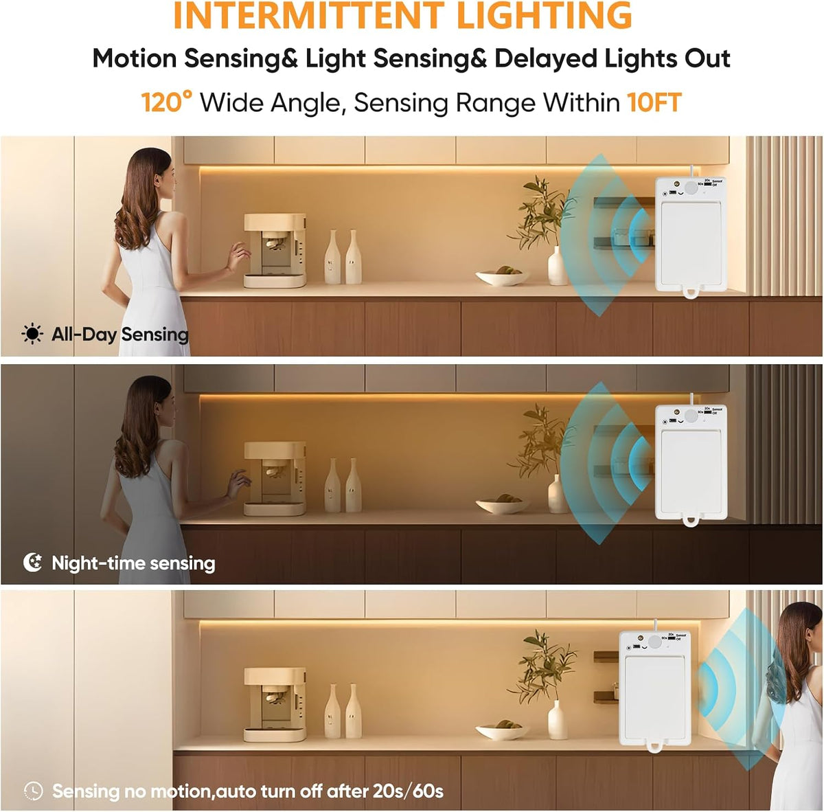 OMIKA Dual Sensor Stair Lights Indoor, Rechargeable 16.4ft LED Strip Light, 150 LEDs Double Motion Activated Under Bed Night Lights for Shelves, Stairway, Closet, Corridor, Bedroom, 6000K Cool White