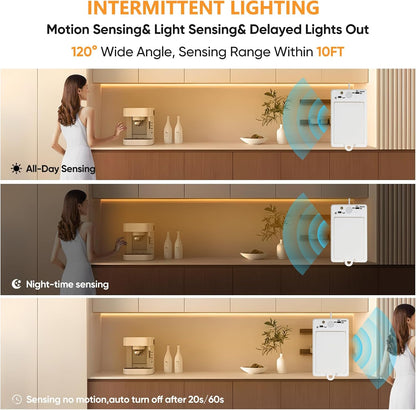 OMIKA Dual Sensor Stair Lights Indoor, Rechargeable 16.4ft LED Strip Light, 150 LEDs Double Motion Activated Under Bed Night Lights for Shelves, Stairway, Closet, Corridor, Bedroom, 6000K Cool White