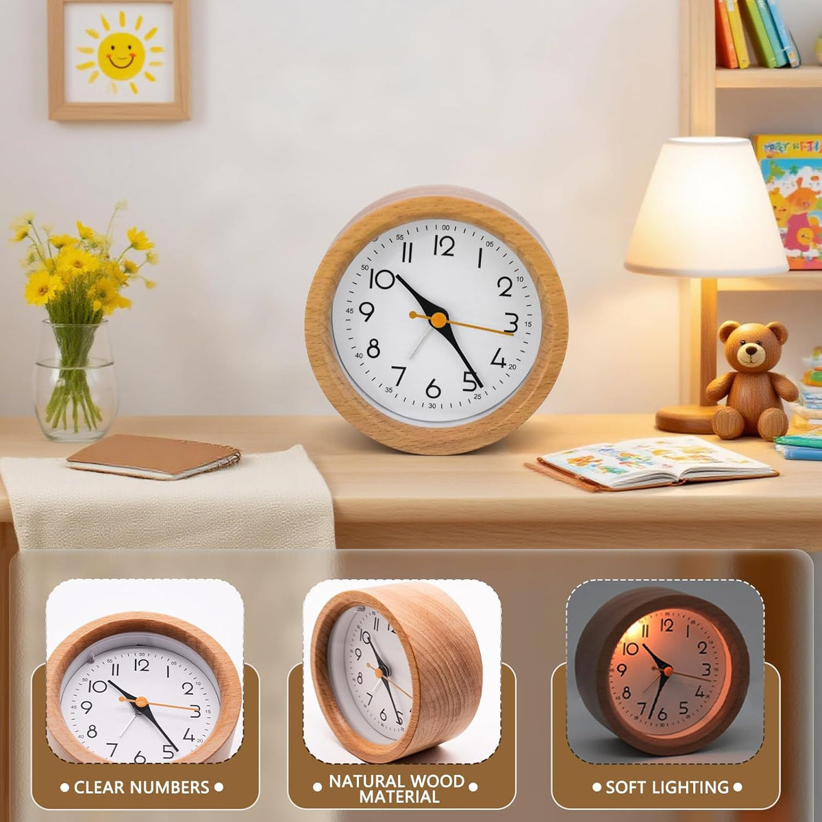 4'' Natural Wooden Analog Alarm Clock with Soft Night Light - Battery Operated Non-Ticking Silent Tabletop Minimalist Desk & Bedside Clock for Bedrooms Living Room Home Office Decor