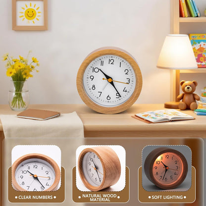 4'' Natural Wooden Analog Alarm Clock with Soft Night Light - Battery Operated Non-Ticking Silent Tabletop Minimalist Desk & Bedside Clock for Bedrooms Living Room Home Office Decor