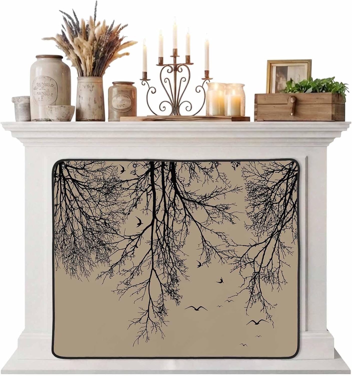 Magnetic Fireplace Cover Tree Branches Bird Fireplace Screen Decorative Brown Black Twigs Deadwood Insulation Fireplace Blocker Save Energy Fireplace Draft Stopper Covers for Living Room 45x34 Inch