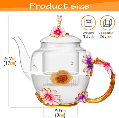 Luka Tech 35OZ Enamel Glass Flower Teapot Gifts For Women