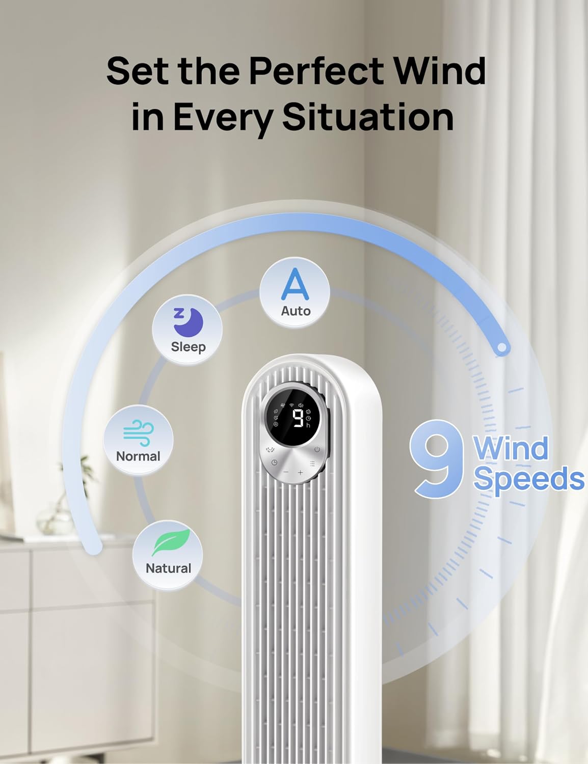 DREO Tower Fan for Bedroom, 28ft/s High Velocity, 9 Speeds, DC Motor