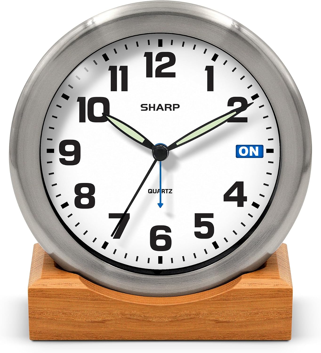 Sharp Silent Sweep Non-Ticking Analog Alarm Desk Metal Clock, Wood Stand | Wall mount, luminous hands, on/off indicator, AA powered, bedroom, office, study, quiet workspace, shelf, nightstand, table
