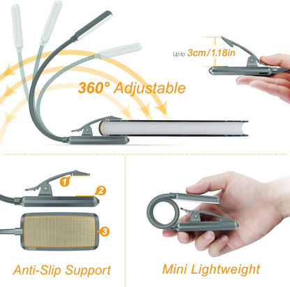 Gritin 9 LED Rechargeable Book Light for Reading in Bed | Eye Caring 3 Color Temps,Stepless Dimming Brightness,80 Hrs Runtime Small Lightweight Clip On Book Reading Light for Studying