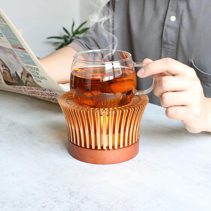 Tea Warmer, Aluminum Alloy & Wood, for Heating Tea Coffee Milk | Magnolia Flower Design, Golden, Short Teapot Warmer for Indoor & Outdoor