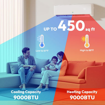 Rellytech Mini Split AC/Heating System - 9000 BTU Mini Split AC Inverter Heating and Cooling, 19 SEER2 115V/110V Energy Efficient Ductless Air Conditioner Up to 550sq.ft, Pre-charged System