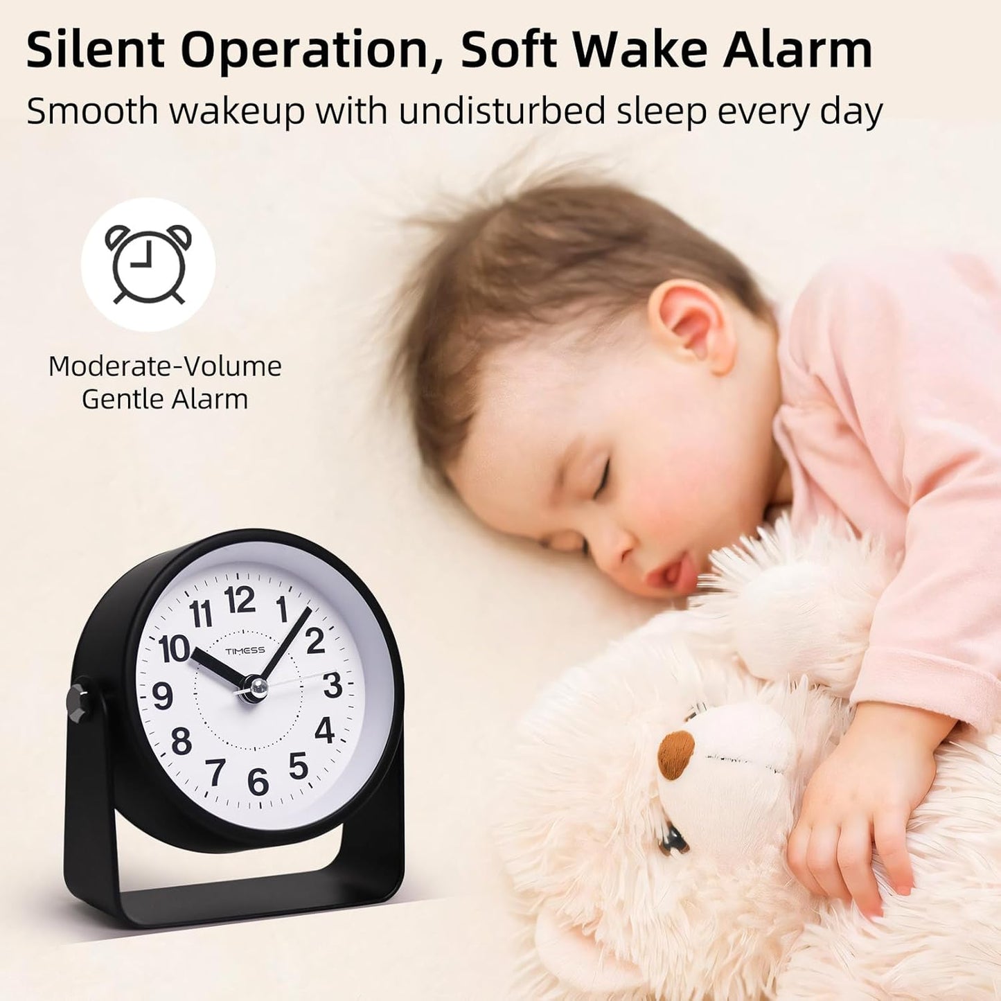 Analog Alarm Clock, Silent Non-Ticking Quartz Movement, Battery-Operated with Snooze & On-Demand Light, Easy to Set Gentle Wake Bedside Desk Clock, Ideal for Home, Travel, Office (Gray)