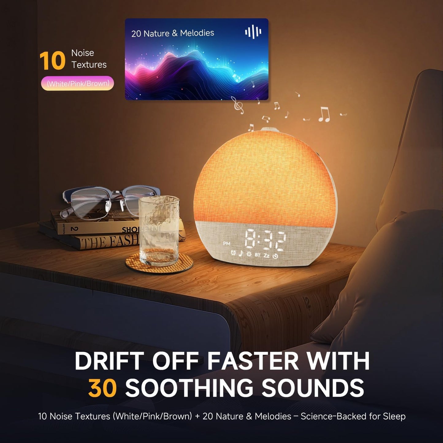 Geuuap Sunrise Alarm Clock White Noise Machine with Bluetooth Speaker,Khaki | 30 Soothing Sounds, 17 Dimmable lights, Simulated Sunrise, Backup Battery Memory, Auto-off Sleep Timer, Screen-Free Design
