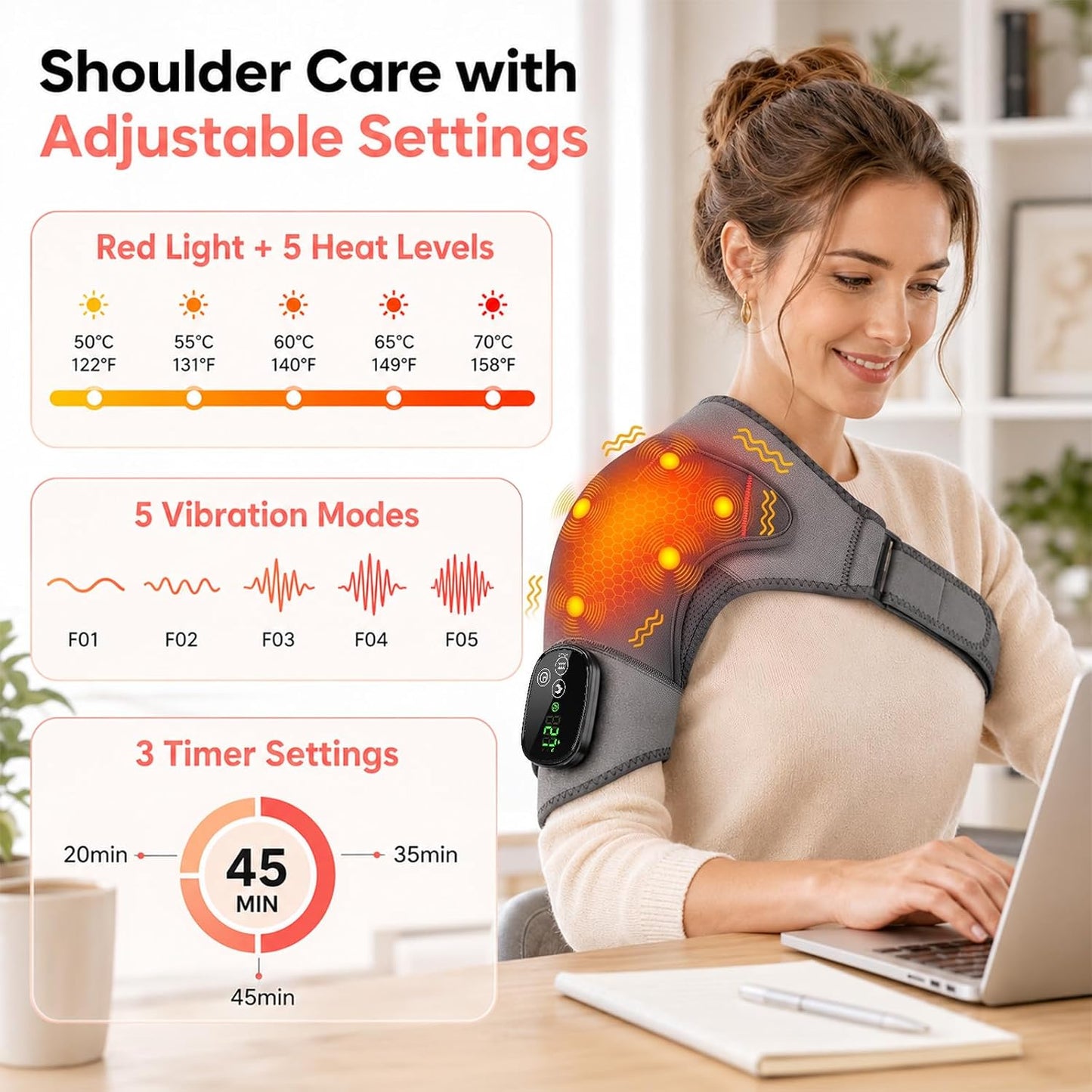 Cordless Shoulder Heating Pad with Massage, Portable Heated Shoulder Massage Wrap Pain Relief Deep Tissue for Men Women