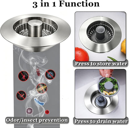 BAOLSLS 3 in 1 Kitchen Sink Stopper, Pop Up Kitchen Sink Drain Strainer | with An Extra Basket Strainer, Kitchen Sink Drain Stopper for US Standard 3-1/2 Inch, Chrome Silver