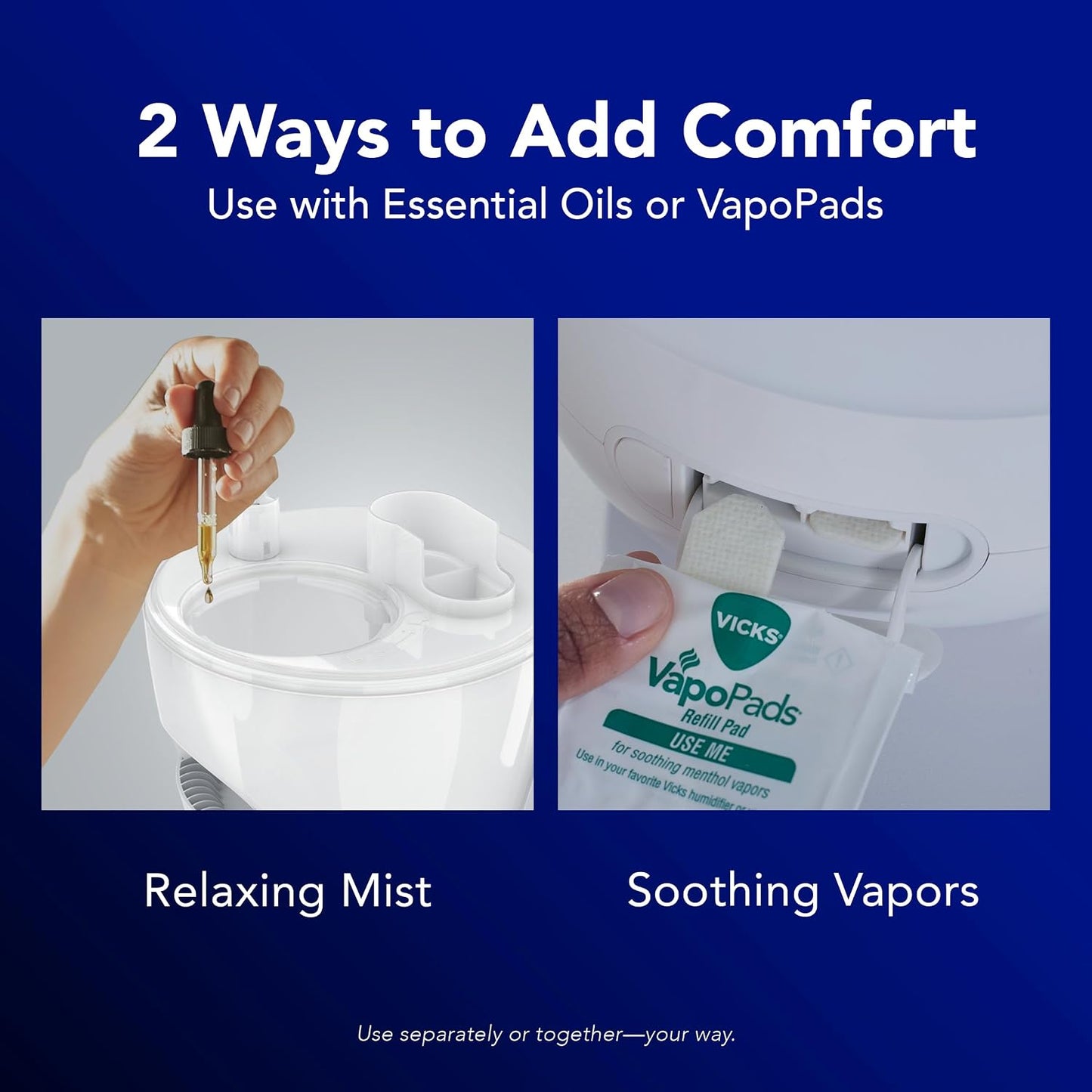 Vicks NaturalCare Cool Mist Ultrasonic Humidifier, White | Small Room Humidifier for Bedroom, Diffuser with Nighttime Light, Works with Vicks VapoPads