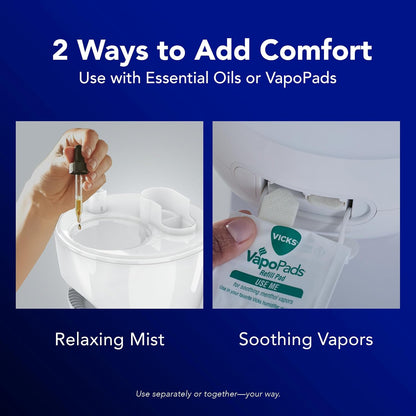 Vicks NaturalCare Cool Mist Ultrasonic Humidifier, White | Small Room Humidifier for Bedroom, Diffuser with Nighttime Light, Works with Vicks VapoPads