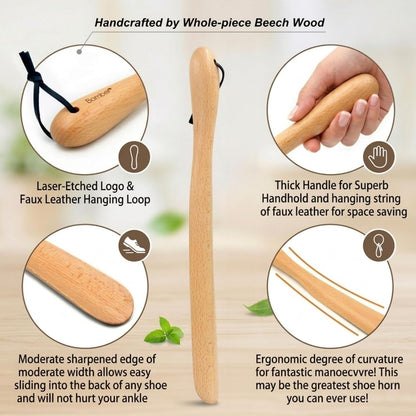 Bamber Wooden Shoe Horn Wood Shoehorn with Handle for Seniors Women Men Kids, 15'' Long, Black Walnut
