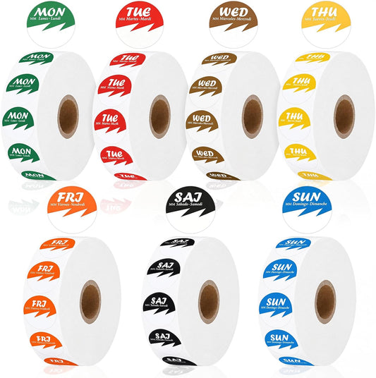 14000 Pcs Day of The Week Labels Bulk 1 Inch Food Label Date Dots Monday to Sunday Removable Inventory Management Self Adhesive Sticker for Kitchen Restaurant Container Organization