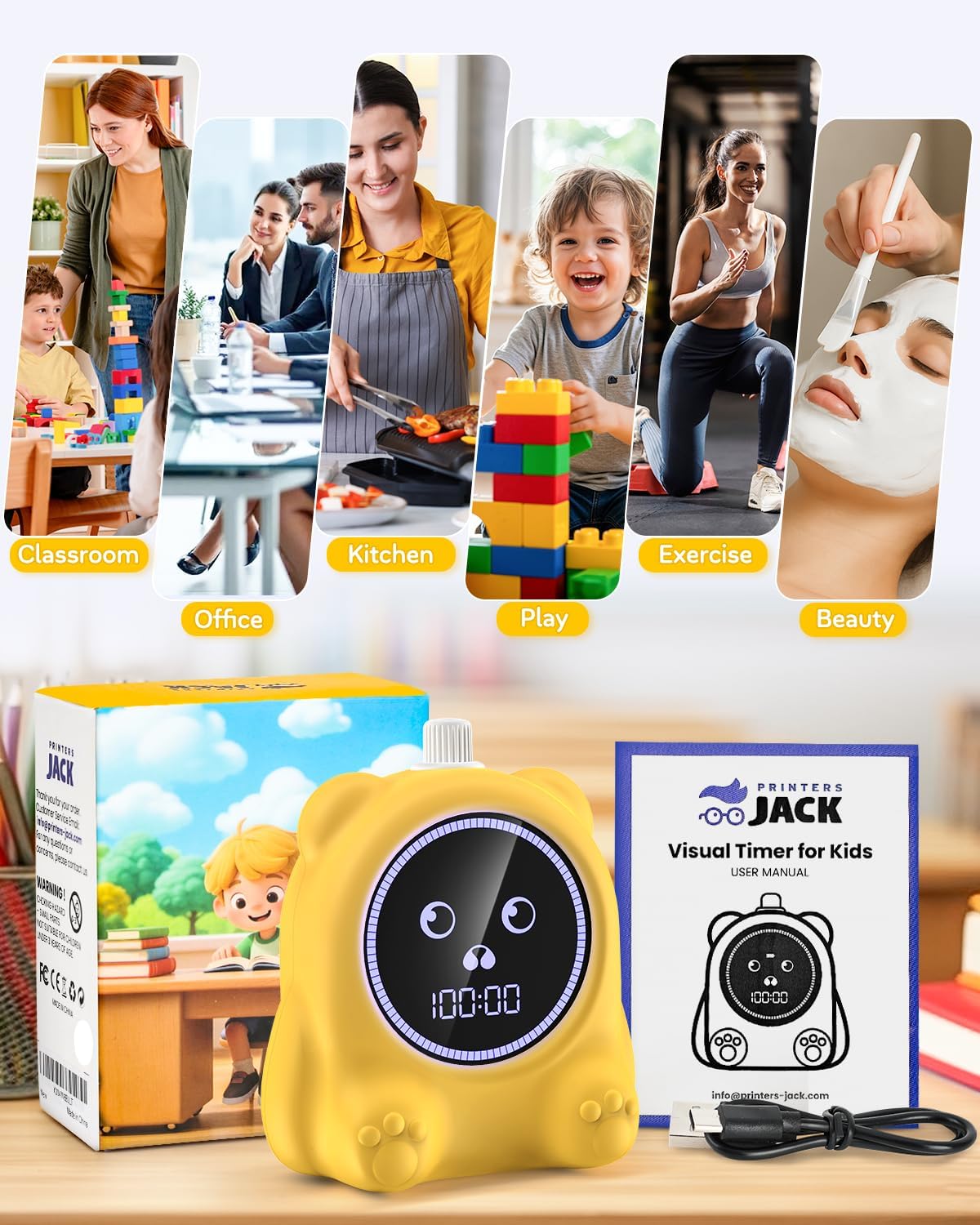 Visual Timer for Kids, 100 Min, Rechargeable Countdown Timers, Adjustable Sound Alert, Adjustable Brightness, Productivity Timers for ADHD, Silent Operation, Desk Time Management Tool for Toddler