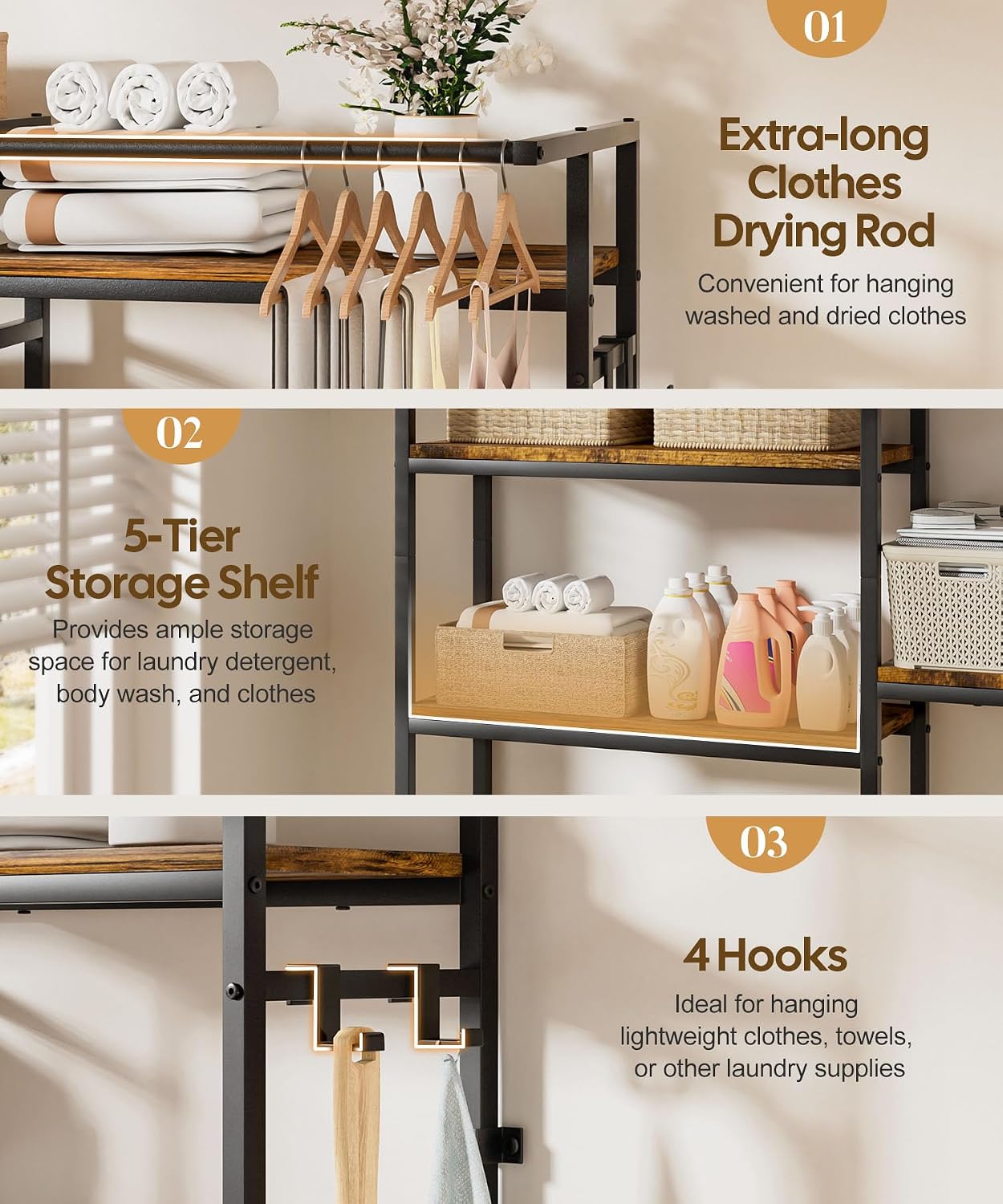 Homde Over The Washer and Dryer Storage Shelf: 5-Tier Heavy Duty | Laundry Room Organizer Standing Shelf with Hanger Rod & Anti-Tip - Space Saving Rust Proof Shelving for Bathroom Balcony