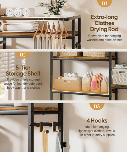 Homde Over The Washer and Dryer Storage Shelf: 5-Tier Heavy Duty | Laundry Room Organizer Standing Shelf with Hanger Rod & Anti-Tip - Space Saving Rust Proof Shelving for Bathroom Balcony
