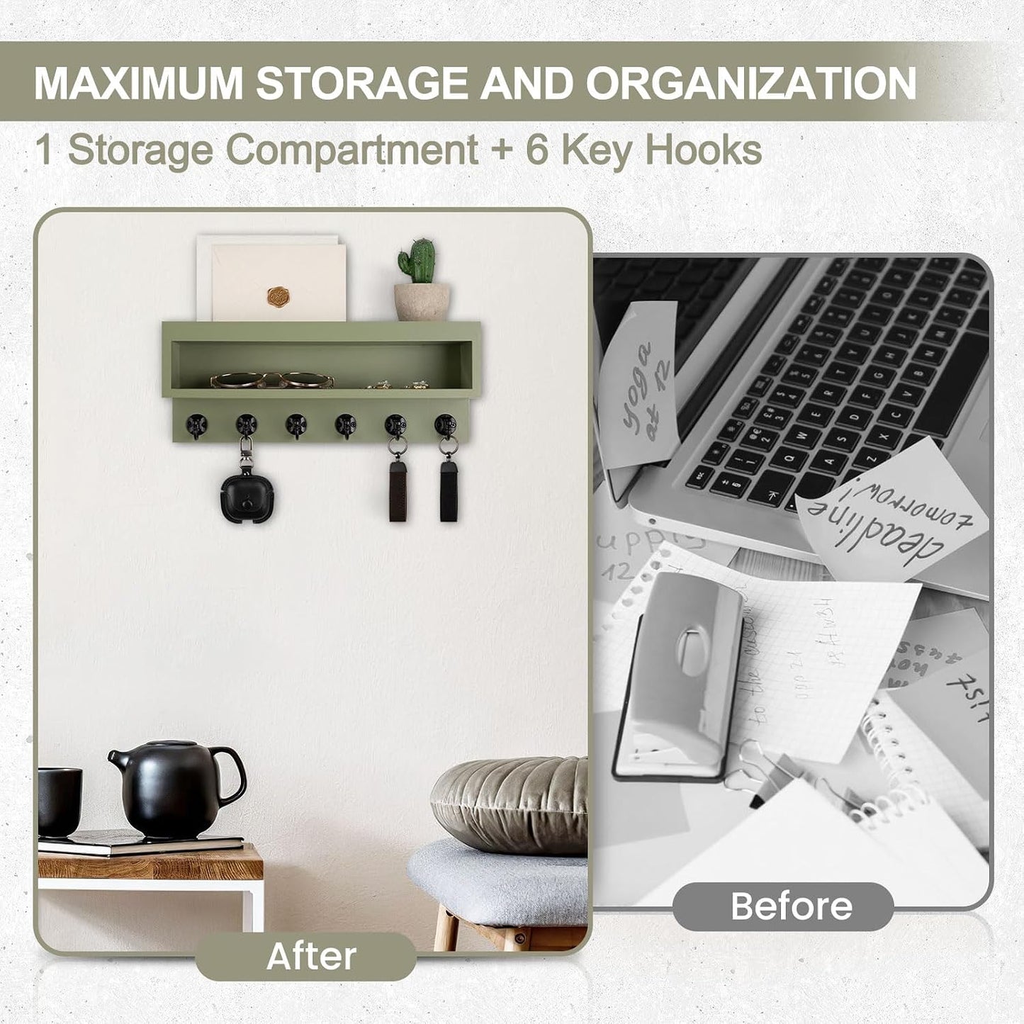 Key and Mail Holder Wall Mount with Long Storage Box and 6 Hooks | Key Holder For Coat, Dog Leash, Home Decor Rack, Entry Way Organizer