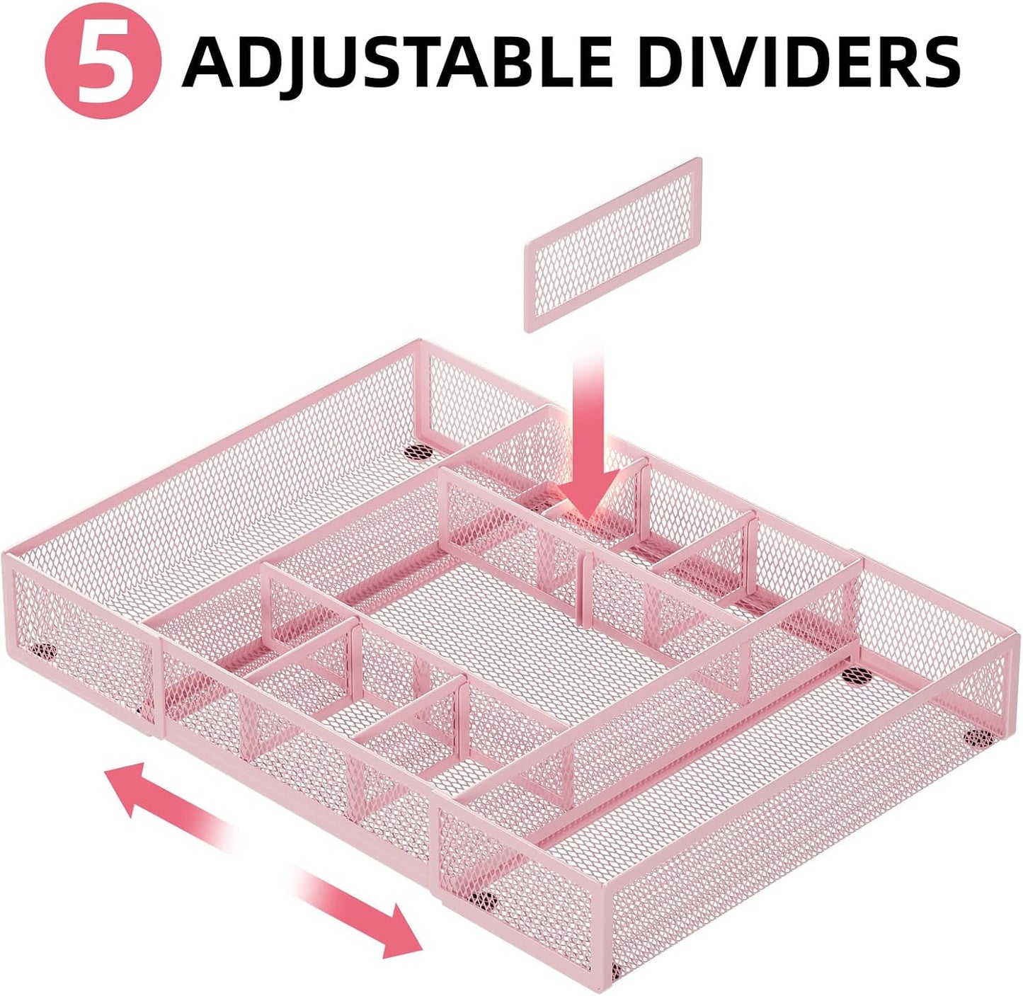 Marbrasse Expandable Desk Drawer Organizer, Mesh Drawer Organizer Tray with 10 Adjustable Compartments, Desk Organizers and Accessories, 5 Dividers Drawer for Office Supplies, Makeup & Vanity (Black)