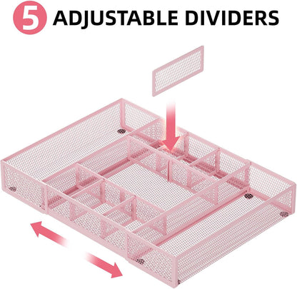 Marbrasse Expandable Desk Drawer Organizer, Mesh Drawer Organizer Tray with 10 Adjustable Compartments, Desk Organizers and Accessories, 5 Dividers Drawer for Office Supplies, Makeup & Vanity (Black)