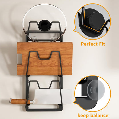 FEZHI pot lid organizer Rack, 3-tier adjustable and removable Pot Lids Holder for Kitchen Cabinet Door/Wall, No Drilling Adhesive Wall/Door Mounted Rustproof pots and pans organizer under cabinet.