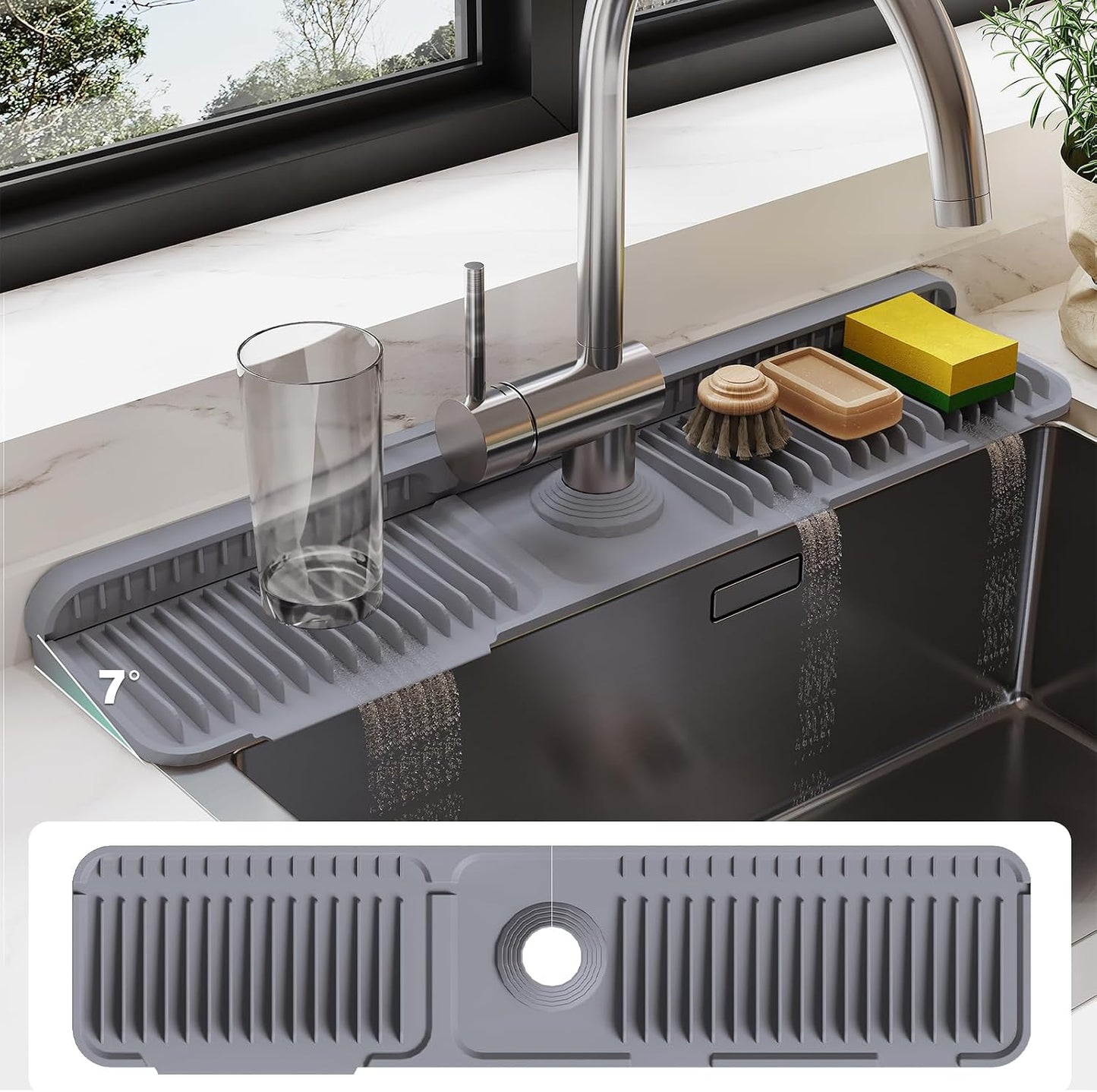 24-Inch Silicone Faucet Mat for Kitchen Sink Splash Guard, 7° Slope | 24"x5.5" water draining mat with fasten button; 1.6-2.75" customizable hole for bathroom, RV & kitchen sink drip catcher.