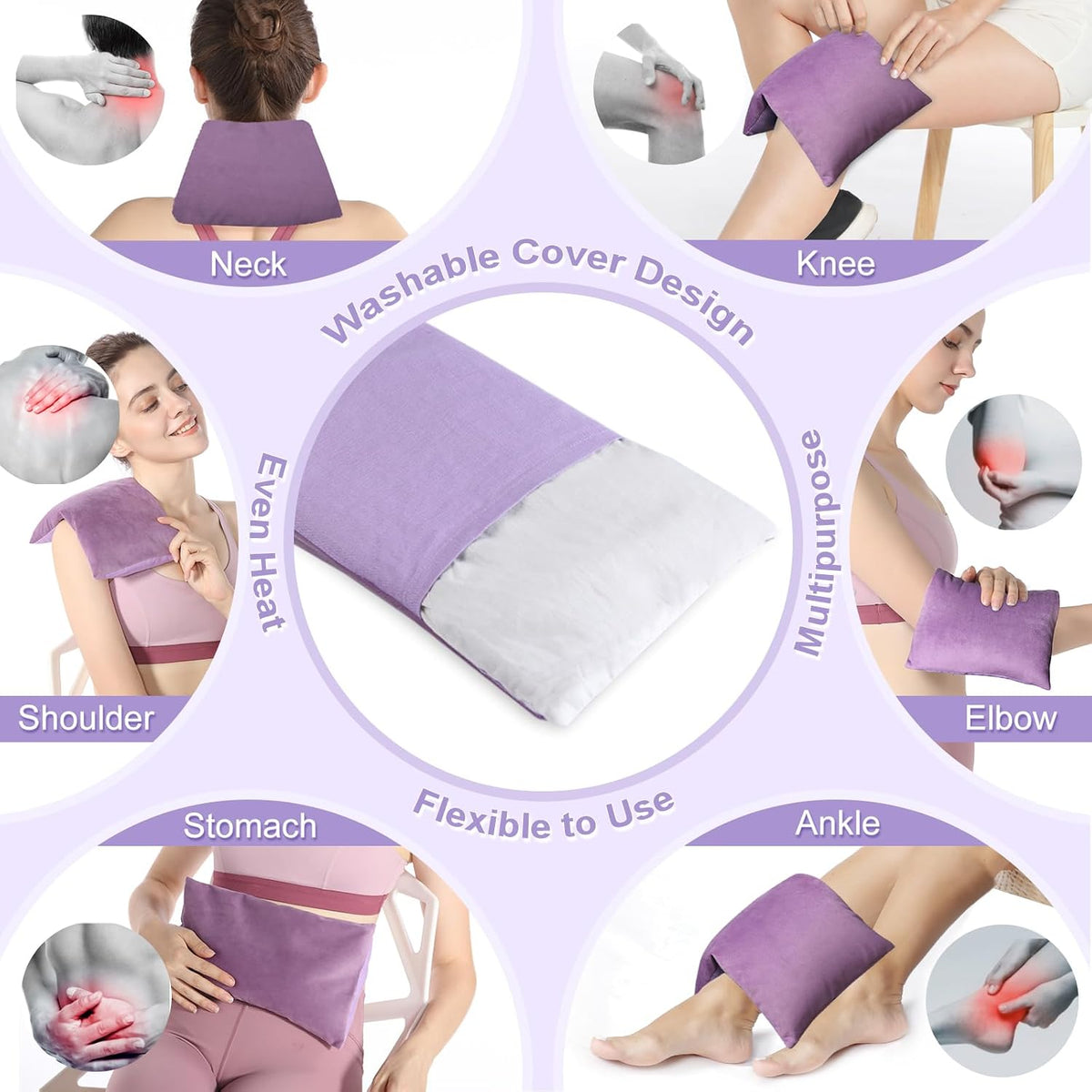 SuzziPad Heating Pad Microwavable for Reduce Discomfort with Washable Cover, 7 x12 Reusable Heat Pads for Shoulder, Belly, Elbow, Knee, Moist Heated Pack, Sore Muscle, Soothing Fatigue, Purple