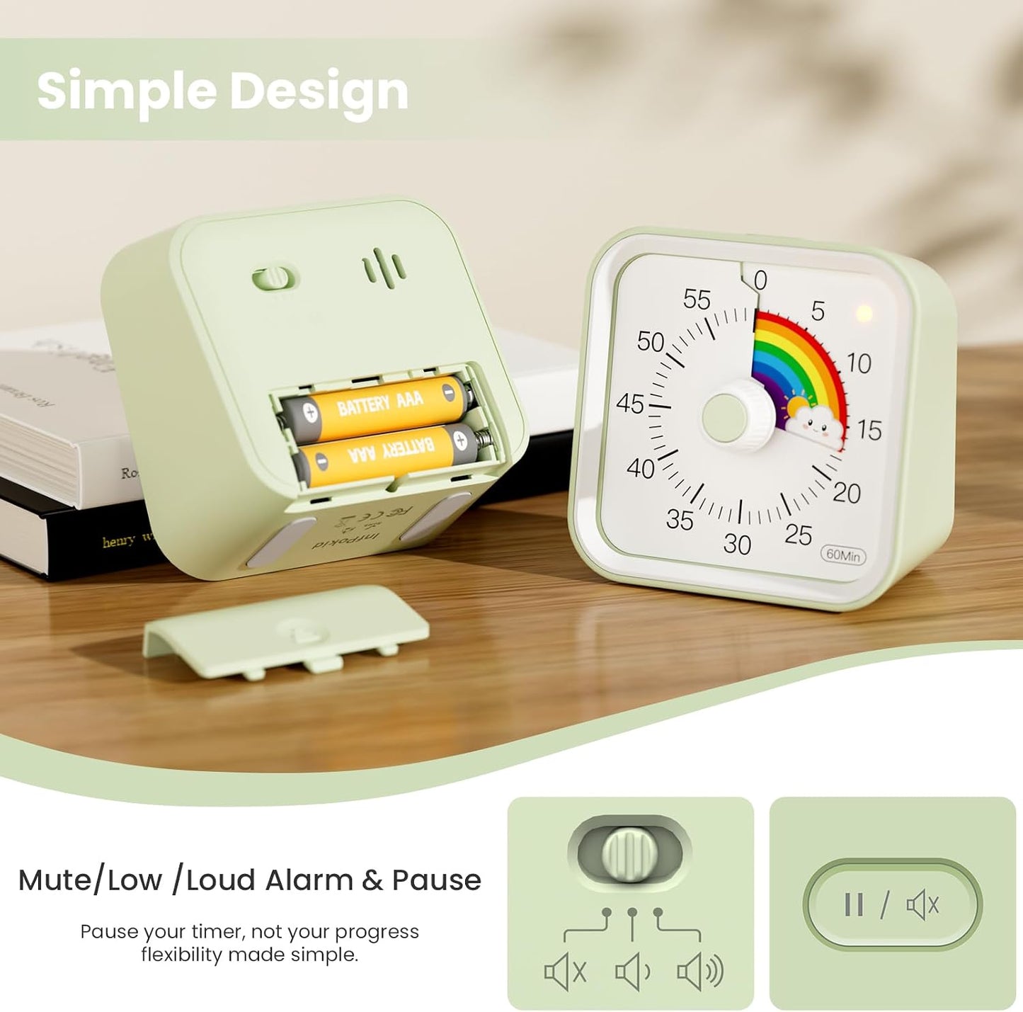 Visual Timer for Kids, Countdown Timer with Pause Function, White | Timer for Kitchen Cooking, Classroom, Study, Toddler, ADHD, Cute Timer Clock, Alarm 3 Volume Levels, Light Indicator