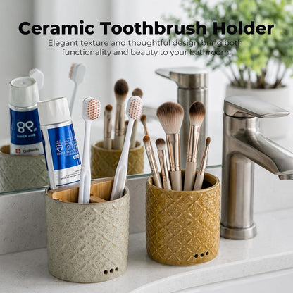 Zoeeker Toothbrush Holder with Drainage, Ceramic Toothbrush Holders Set | Electric Toothbrush & Toothpaste Holder for Bathrooms Self-draining Tooth Brush Cup Countertop Organizers for Family, Yellow