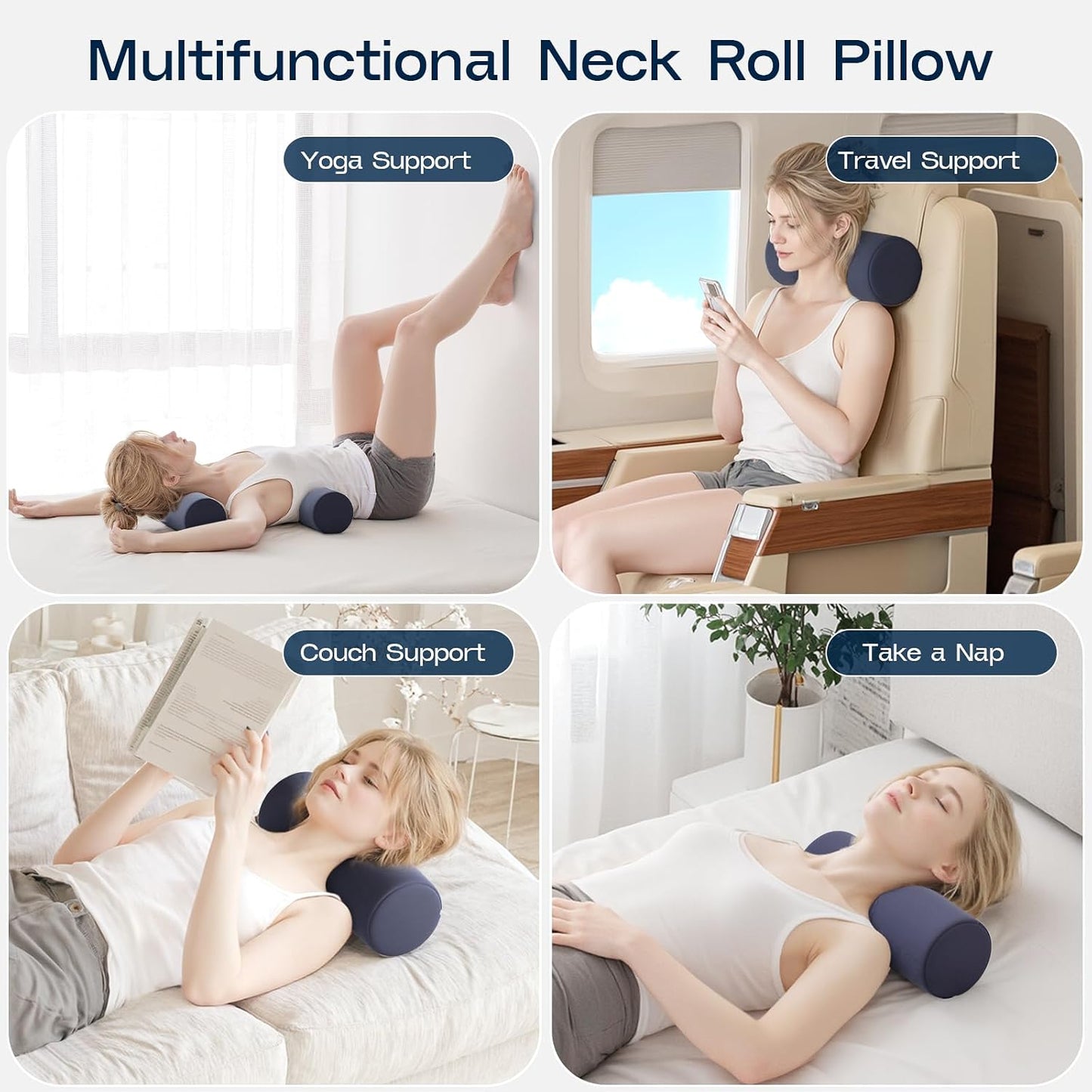 Neck Roll Pillow for Neck Pain Relief - Memory Foam Neck Support Pillow for Bed | Round Neck Pillow for Sleeping, 15.7 * 6 * 6 inch (Cool-Blue)