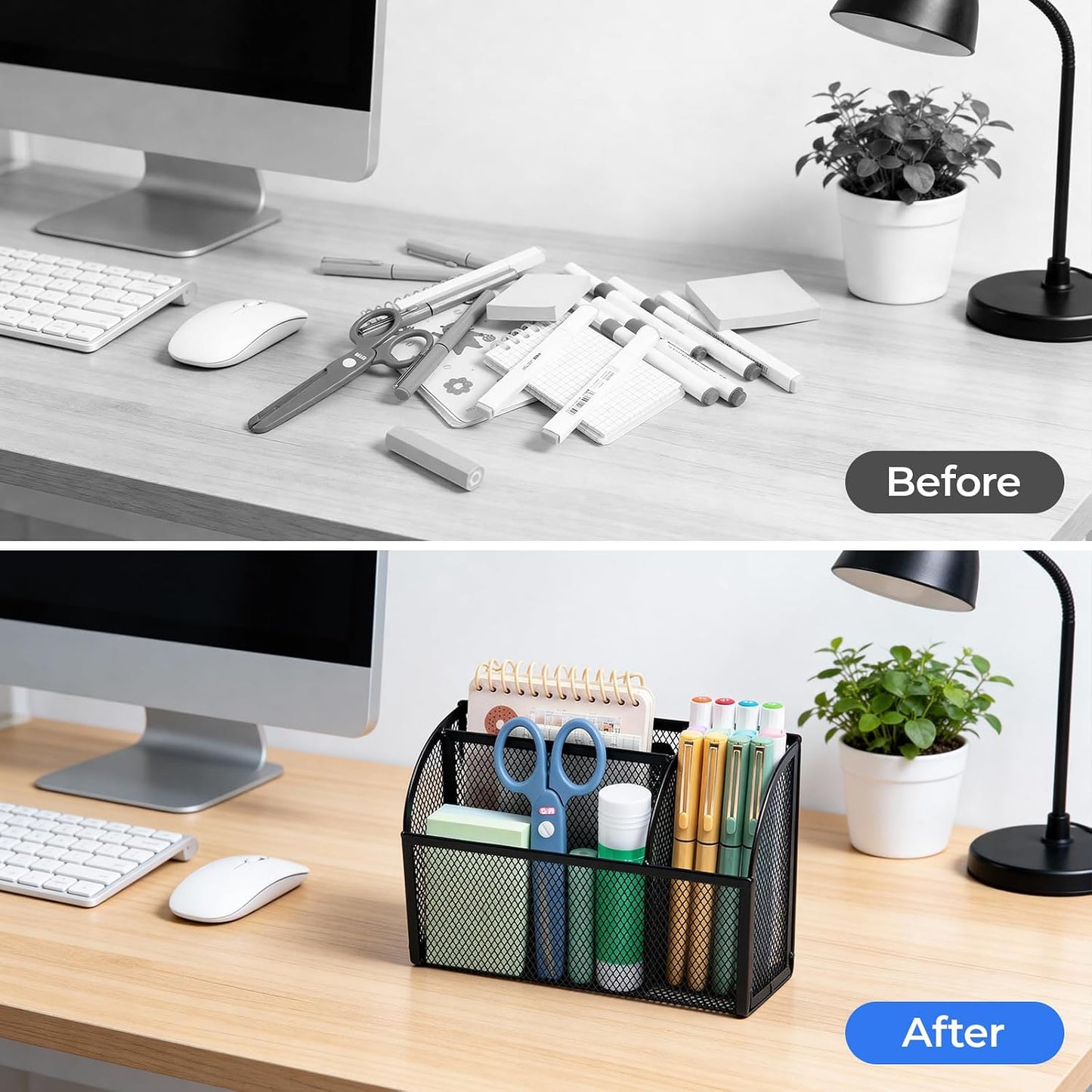 M&G Magnetic Pen Holder Dry Erase Marker Holder, Strong Magnet Metal Mesh Pencil Holder for Whiteboard, Refrigerator and Locker, 3 Compartments Magnetic Basket Organizer, Black