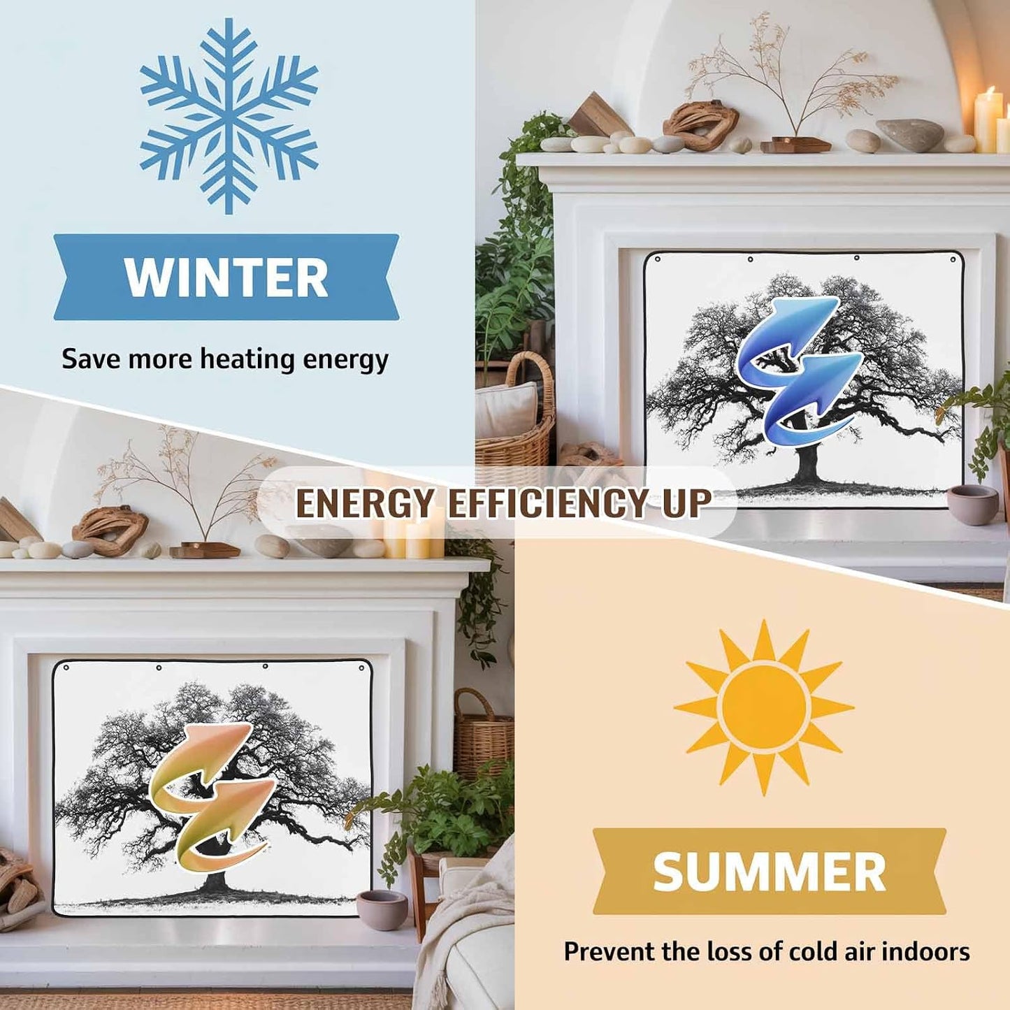 Magnetic Fireplace Cover Oak Tree Forest Fireplace Screen Decorative Black Deep Roots Branches Insulation Fireplace Blocker Blanket Save Energy Fireplace Draft Stopper Covers for Living Room 36x30
