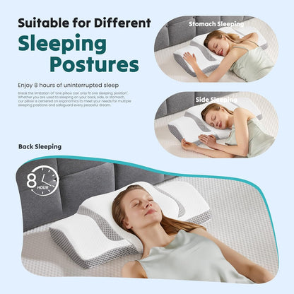 NEWBULIG Cervical Neck Pillow, Ergonomic Contour Memory Foam and Detachable Roll Pillow for Neck Pain Relief Side Back Stomach Sleepers with Cooling Breathable Cover