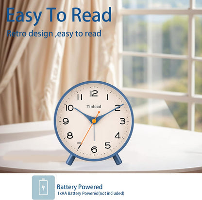 Tinload 4.5" Battery Operated Analog Alarm Clock, Small Silent Bedside Desk Clock with Night Light, Blue