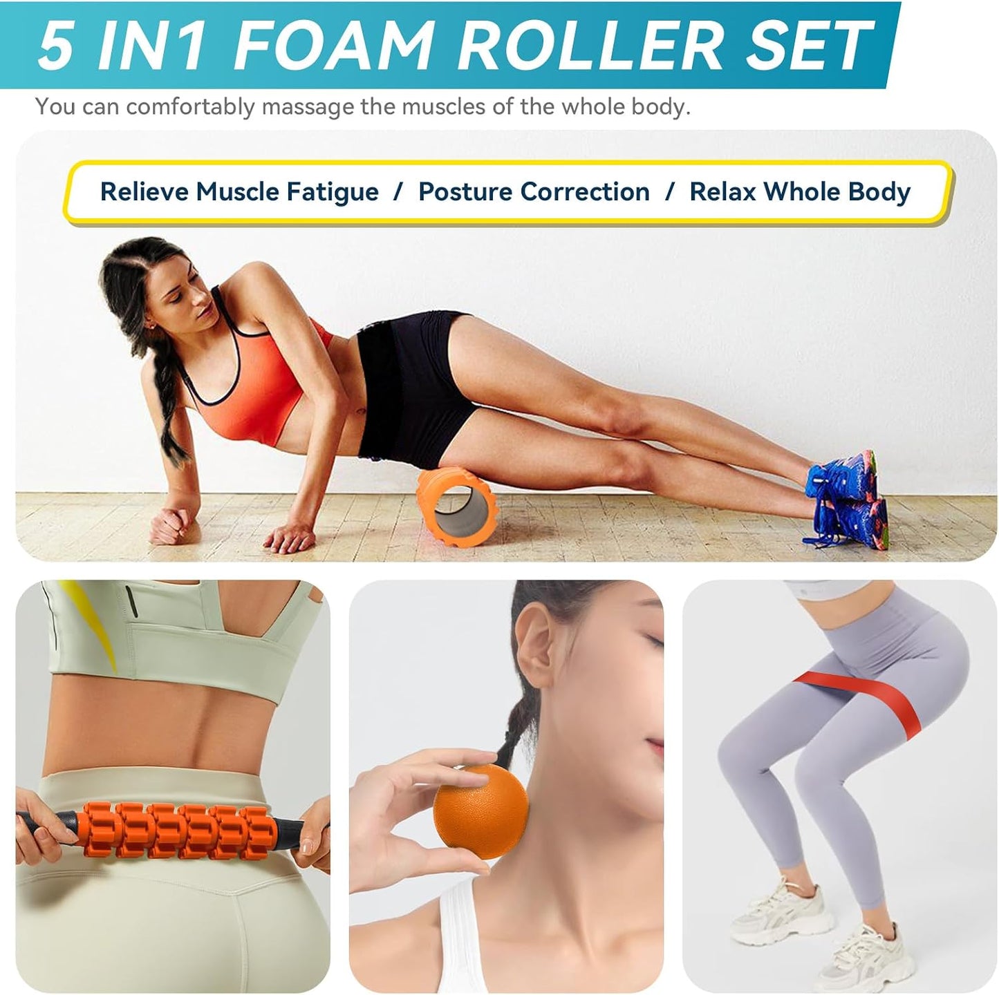 Krightlink 5-in-1 Foam Roller Set High Density Deep Tissue Muscle Massage | Muscle Recovery Kit Exercise Roller, Massage Ball, Resistance Band & Carry Bag for Physical Therapy & Pain Relief Black