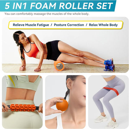 Krightlink 5-in-1 Foam Roller Set High Density Deep Tissue Muscle Massage | Muscle Recovery Kit Exercise Roller, Massage Ball, Resistance Band & Carry Bag for Physical Therapy & Pain Relief Black