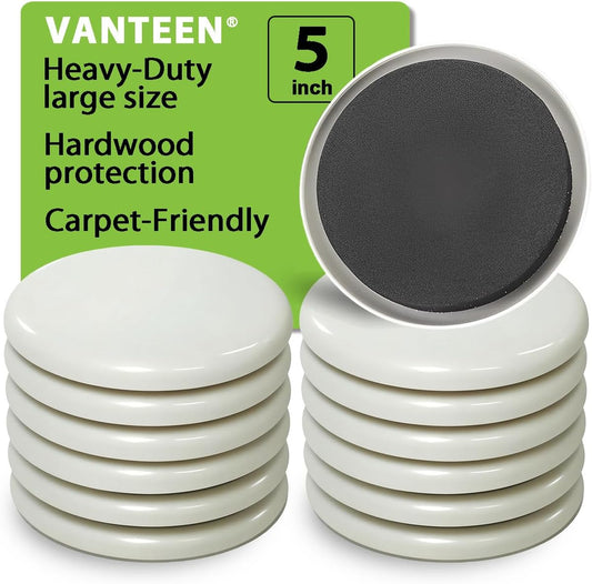 5 Inch Furniture Sliders for Carpet and Hardwood Floors – 12 Pack Heavy Duty Round Moving Pads Reusable Furniture Movers Glides for Sofa, Couch, Table, Chair Legs (Beige, 5")