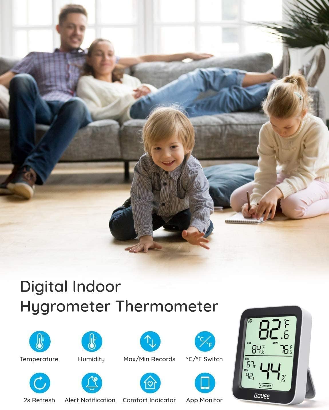 Govee Indoor Hygrometer Thermometer H5075 with Bluetooth App Control | Room Temperature Humidity Meter, 164ft Remote Monitor, Smart Alerts, 2 Years Data Storage Export, for Bedroom Wine Cellar