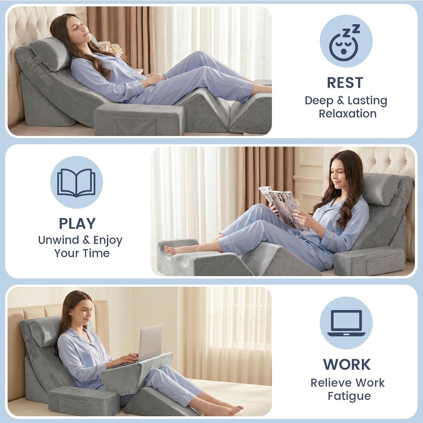 5PCS Wedge Pillow Set for After Surgery, Adjustable Orthopedic Foam Bed Wedge Pillow for Acid Reflux, GERD & Heartburn Relief, Back & Leg Elevation Support for Sleeping & Sitting Up, White Grey