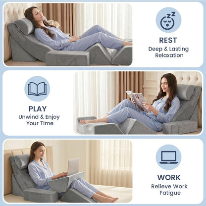 5PCS Wedge Pillow Set for After Surgery, Adjustable Orthopedic Foam Bed Wedge Pillow for Acid Reflux, GERD & Heartburn Relief, Back & Leg Elevation Support for Sleeping & Sitting Up, White Grey