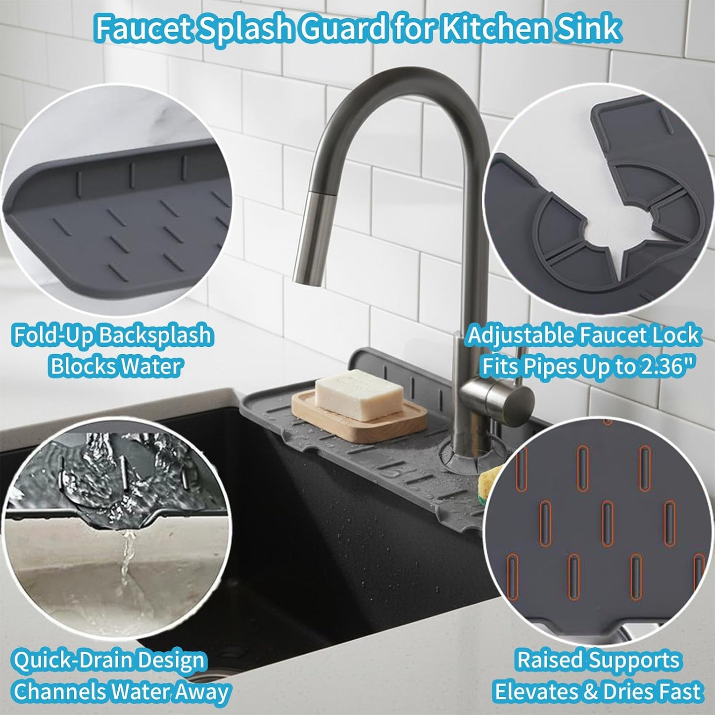 Silicone Faucet Handle Drip Catcher Drying Tray Mat Dish Soap Sponge Holder Accessories Gadgets for Kitchen Counter Bathroom Kitchen Sink Splash Guard (Gray, 24")