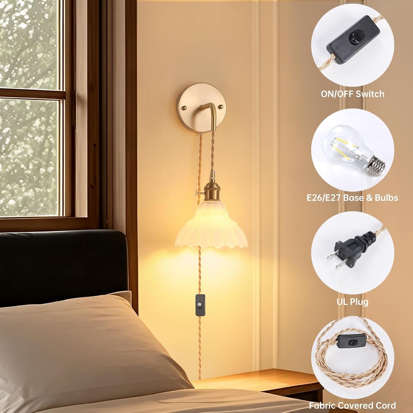 Shenmoyl Battery Operated Wall Sconce Wall Lamp with Green Lily of the Valley Shade Pattern Glass Adjustable Chain Retro Gold Wall Mounted Light, Modern Wall Lamp Fixtures Decor for Bedside Bedroom