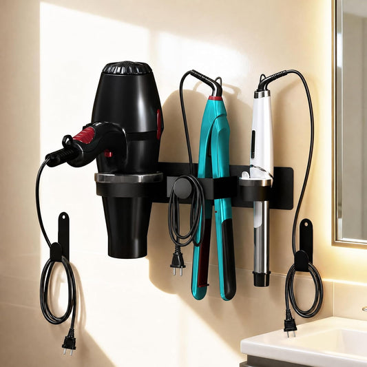 Hair Dryer Holder Wall Mounted, Blow Dryer Holder with Plug&Cord Organizer | Hair Straightener Holder Wall Mount, Metal Hair Tools Organizer & Storage Curling Iron Holder for Bathroom, Salon