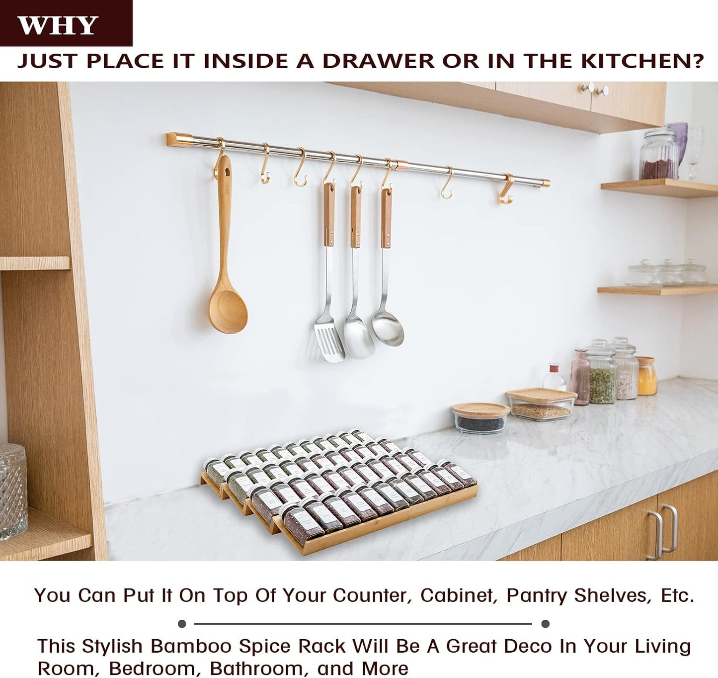 Bamboo Spice Rack Drawer Organizer - 8 Pieces Set- 7" Wide Per Piece - Combine Pieces Into 14" Wide Rack (7" or 14")
