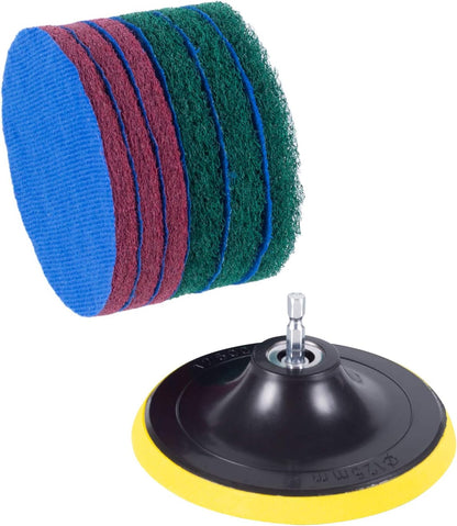 5 Inch Drill Powered Brush Tile Scrubber Scouring Pads | 2 Different Stiffness, 5" Pad Holder with 6 Scrubbing Pads, Cleans Large Flat Areas Perfectly (Drill NOT Included)